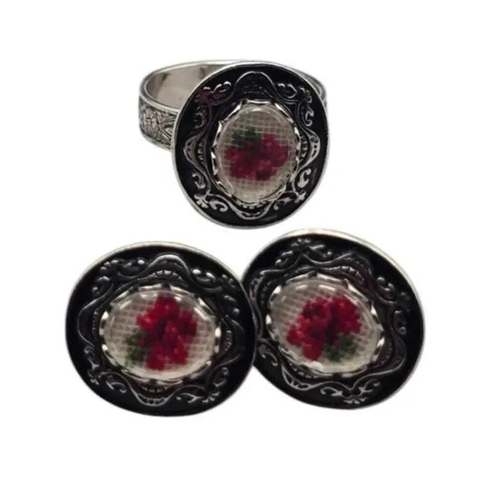 Petit Point Rose Ring and Earring Set Silver Tone - Victorian Revival